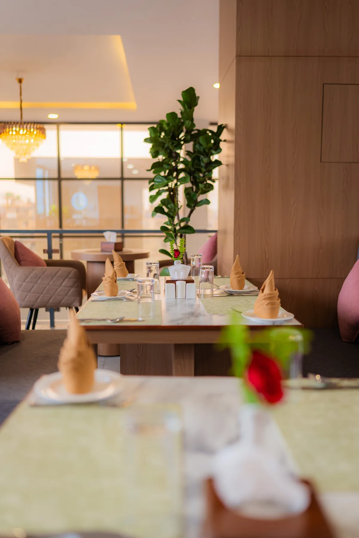 Table set for dinner at Sampada Cloud, the sixth-floor restaurant