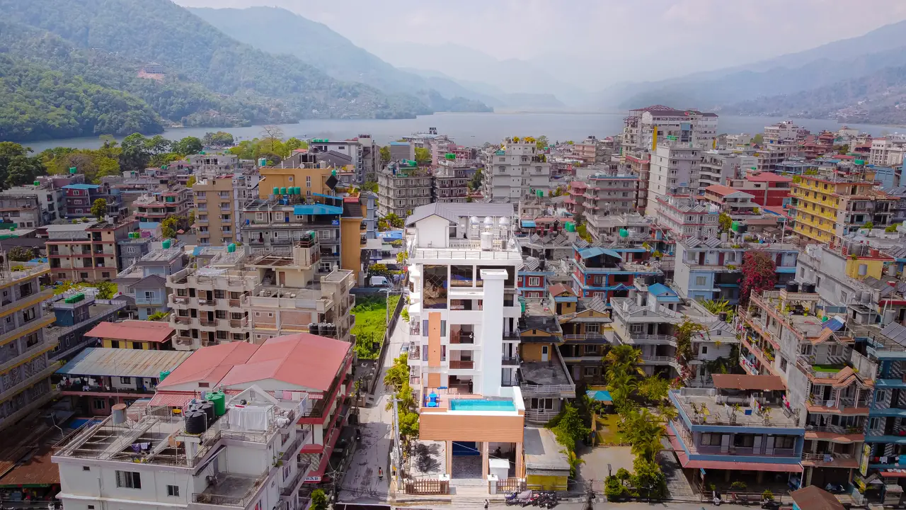 Drone view over Lakeside, Pokhara, with Hotel Sampada and Phewa Lake